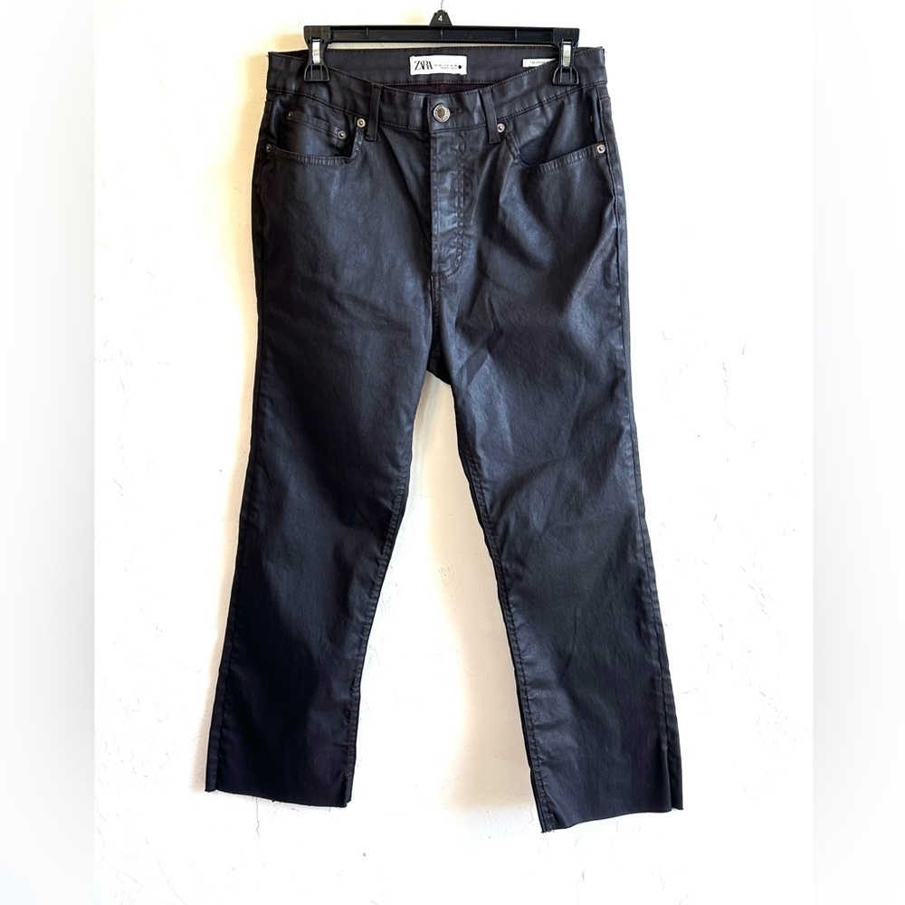 Zara Chocolate Brown Waxed Dreed Flare Cropped Frayed Hem Button Fly Jeans Sz 8